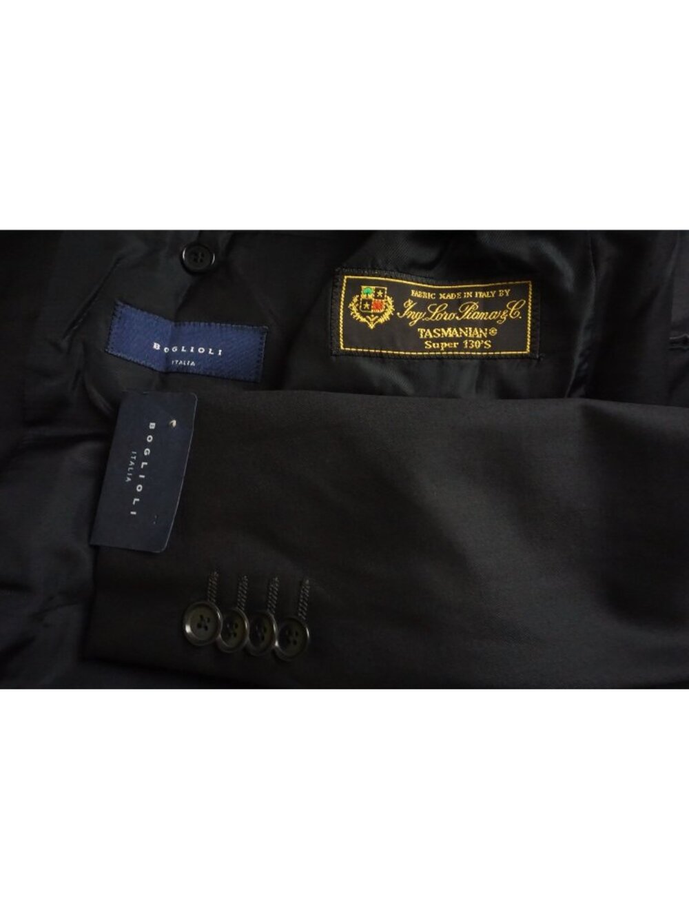 Boglioli Logo Piana S130s Wool Solid Black Suit Jacket Pant 42R NEW